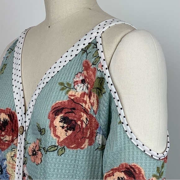 Oddi Retro Spring Floral Rose Polka Dot Teal Cutout Cold Shoulder Bow Top - Picture 7 of 16